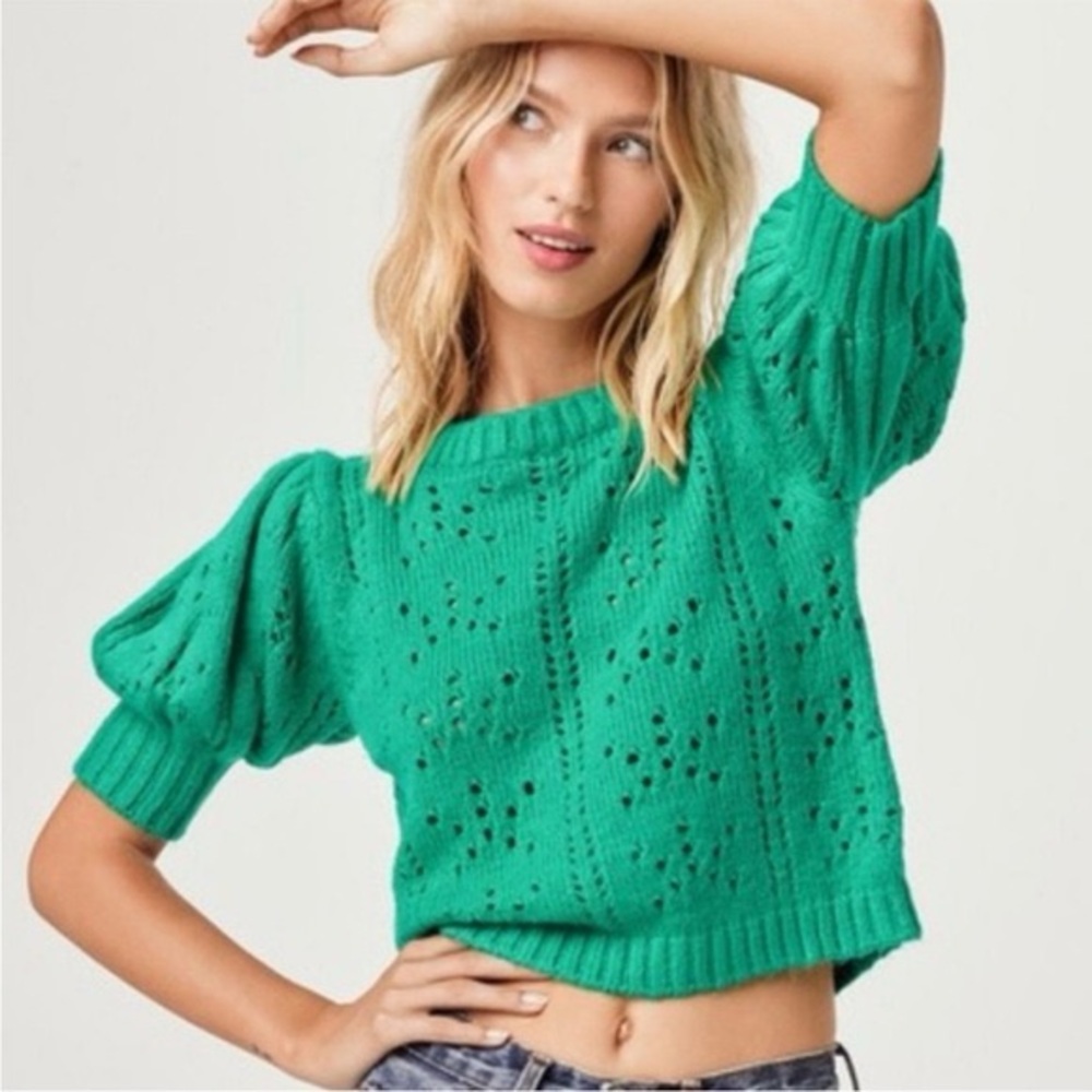 For Love And Lemons Turquoise Puff Sleeve Sweater